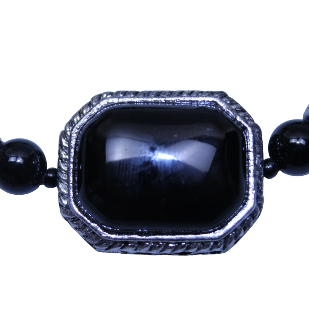 Stretch Bracelet Silver Tone Black Glass Cabochon Fashion Expansion